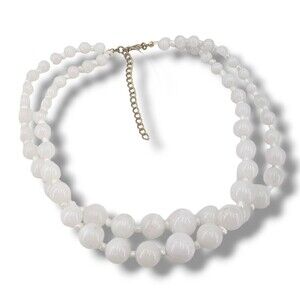 Vintage Double Strand Acrylic White Clear Swirl Beaded Choker Collar Necklace